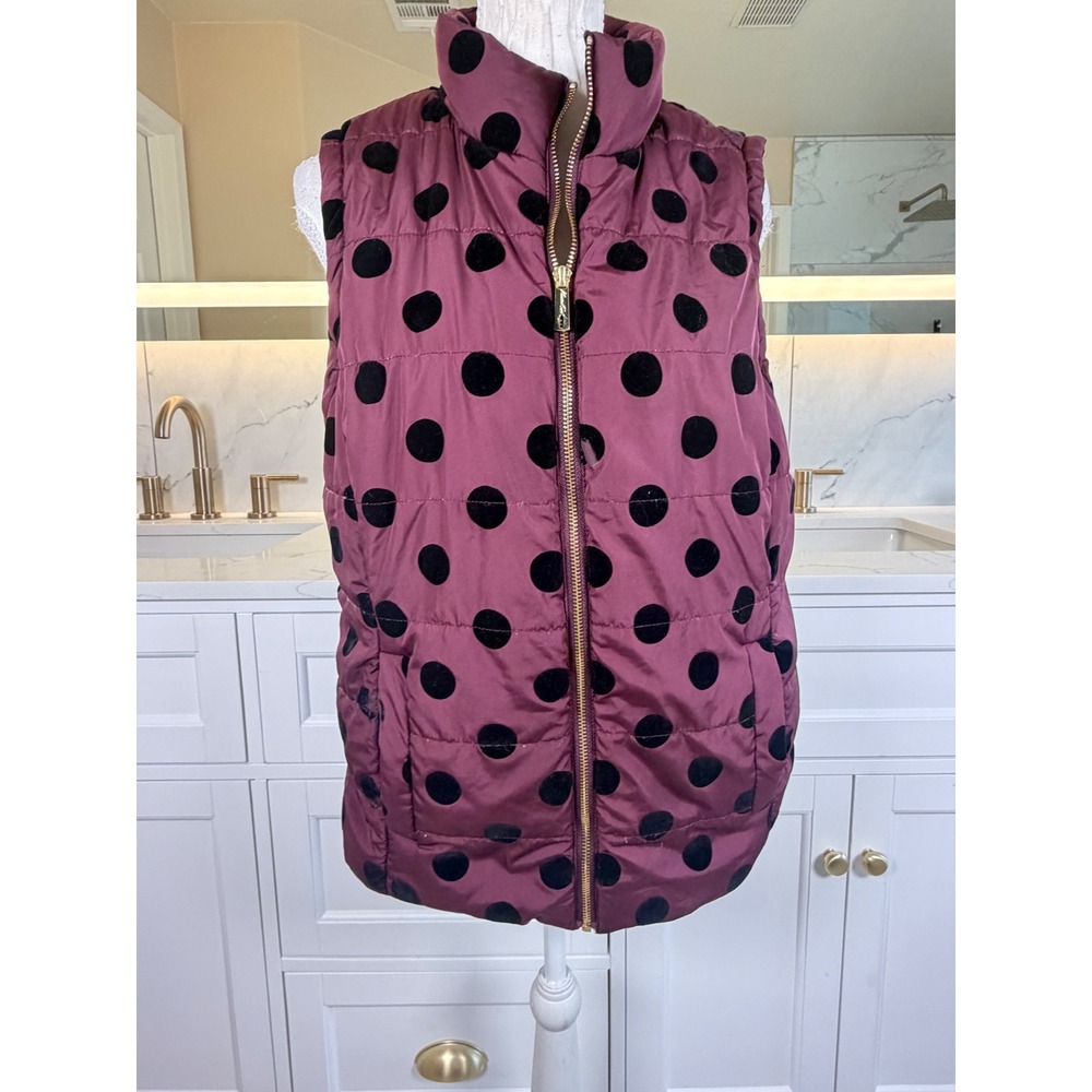 Kenneth Cole Winter Puffer Vest Women M Plum Velvet Polka Dot Quilted Zip Up Y2K